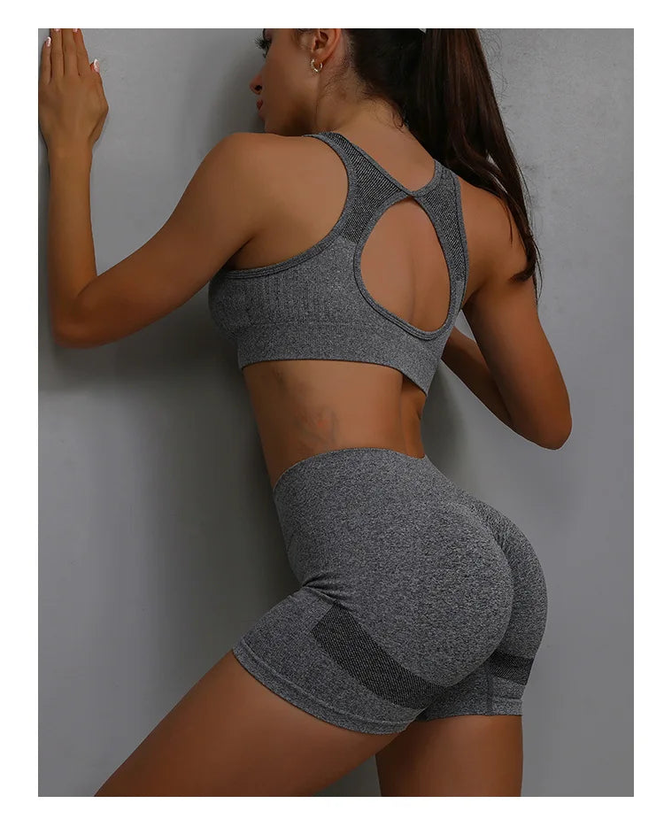 Conjunto de 2 Peças de Yoga para Mulheres: Sutiã Esportivo com Costas Vazadas + Shorts Levanta Bumbum Conjunto de Treino, Fitness, Academia, Sem Costura, Conjunto Esportivo, Tracksuit