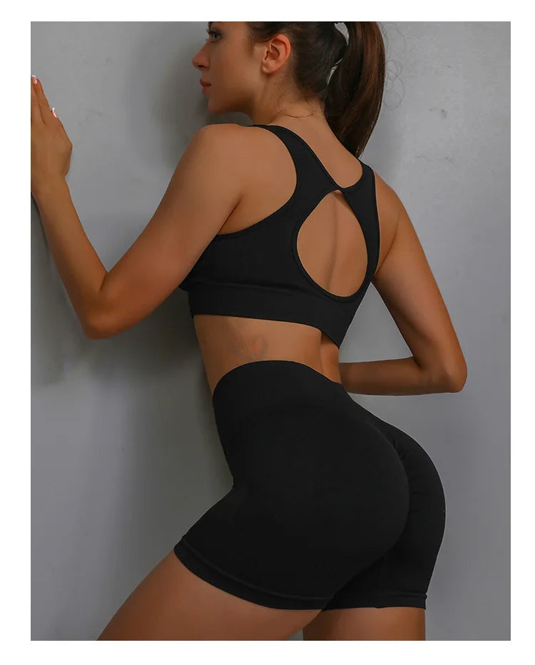 Conjunto de 2 Peças de Yoga para Mulheres: Sutiã Esportivo com Costas Vazadas + Shorts Levanta Bumbum Conjunto de Treino, Fitness, Academia, Sem Costura, Conjunto Esportivo, Tracksuit