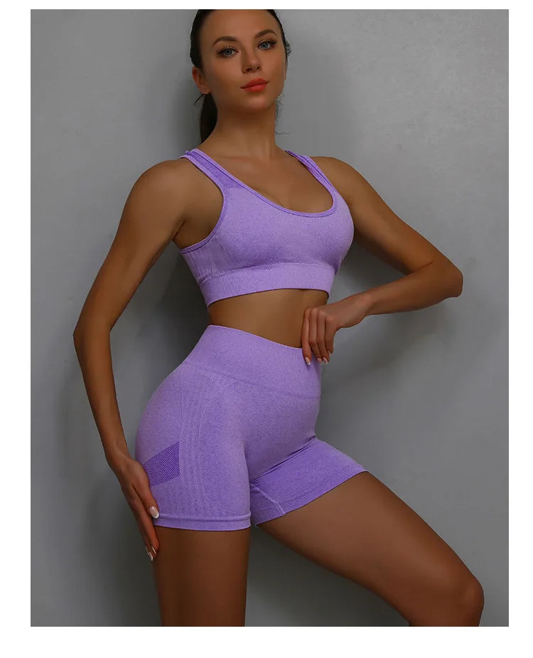 Conjunto de 2 Peças de Yoga para Mulheres: Sutiã Esportivo com Costas Vazadas + Shorts Levanta Bumbum Conjunto de Treino, Fitness, Academia, Sem Costura, Conjunto Esportivo, Tracksuit