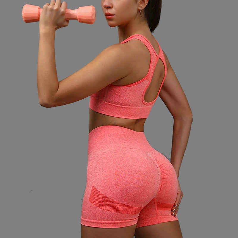 Conjunto de 2 Peças de Yoga para Mulheres: Sutiã Esportivo com Costas Vazadas + Shorts Levanta Bumbum Conjunto de Treino, Fitness, Academia, Sem Costura, Conjunto Esportivo, Tracksuit