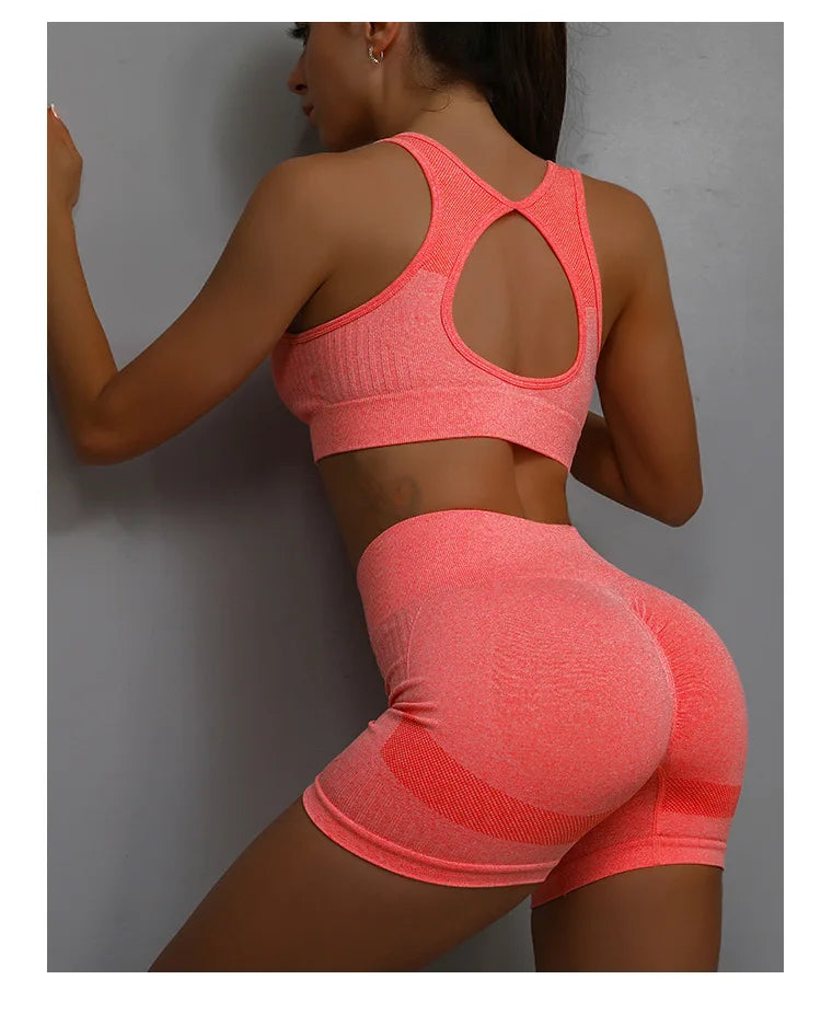 Conjunto de 2 Peças de Yoga para Mulheres: Sutiã Esportivo com Costas Vazadas + Shorts Levanta Bumbum Conjunto de Treino, Fitness, Academia, Sem Costura, Conjunto Esportivo, Tracksuit