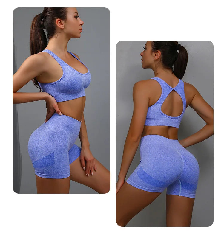 Conjunto de 2 Peças de Yoga para Mulheres: Sutiã Esportivo com Costas Vazadas + Shorts Levanta Bumbum Conjunto de Treino, Fitness, Academia, Sem Costura, Conjunto Esportivo, Tracksuit